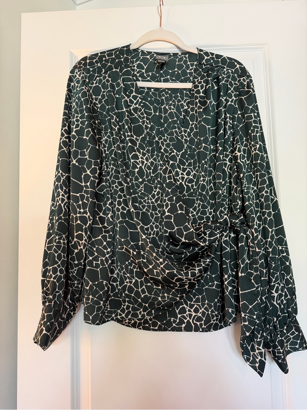 Women’s Long Sleeve Satin Draped Wrap Top - Dark Green & Cream
